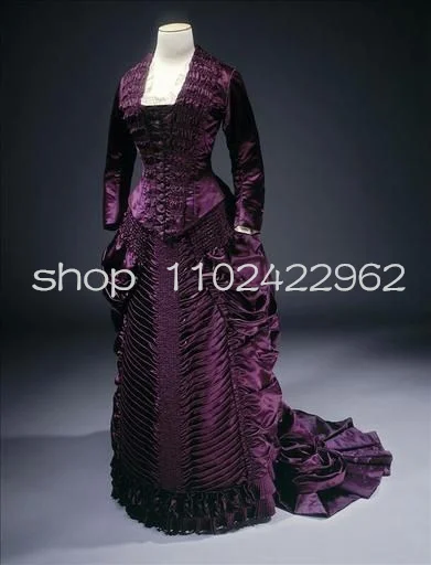 Grape Purple History Bustle Prom Dress for Women Long Sleeve Ruffles Ruched Victorian Corset Costume Evening Gown civil war