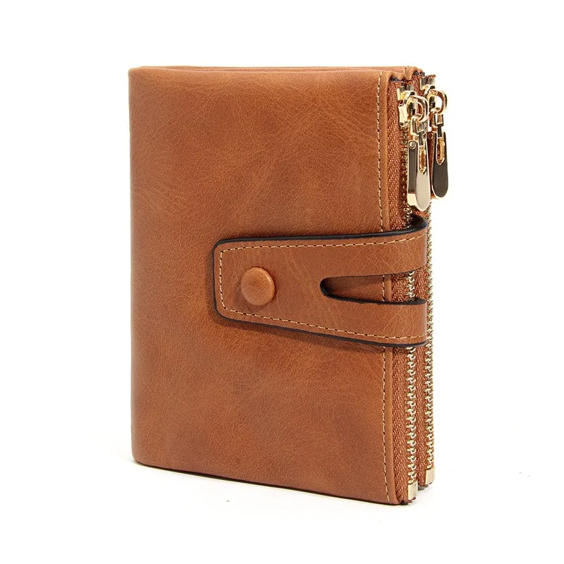 Multi-Pocket Women Leather Bifold Purse, Snap Button Wallets with Side Zipper Coin Slot & Clear ID Window for Cash Cards Coins
