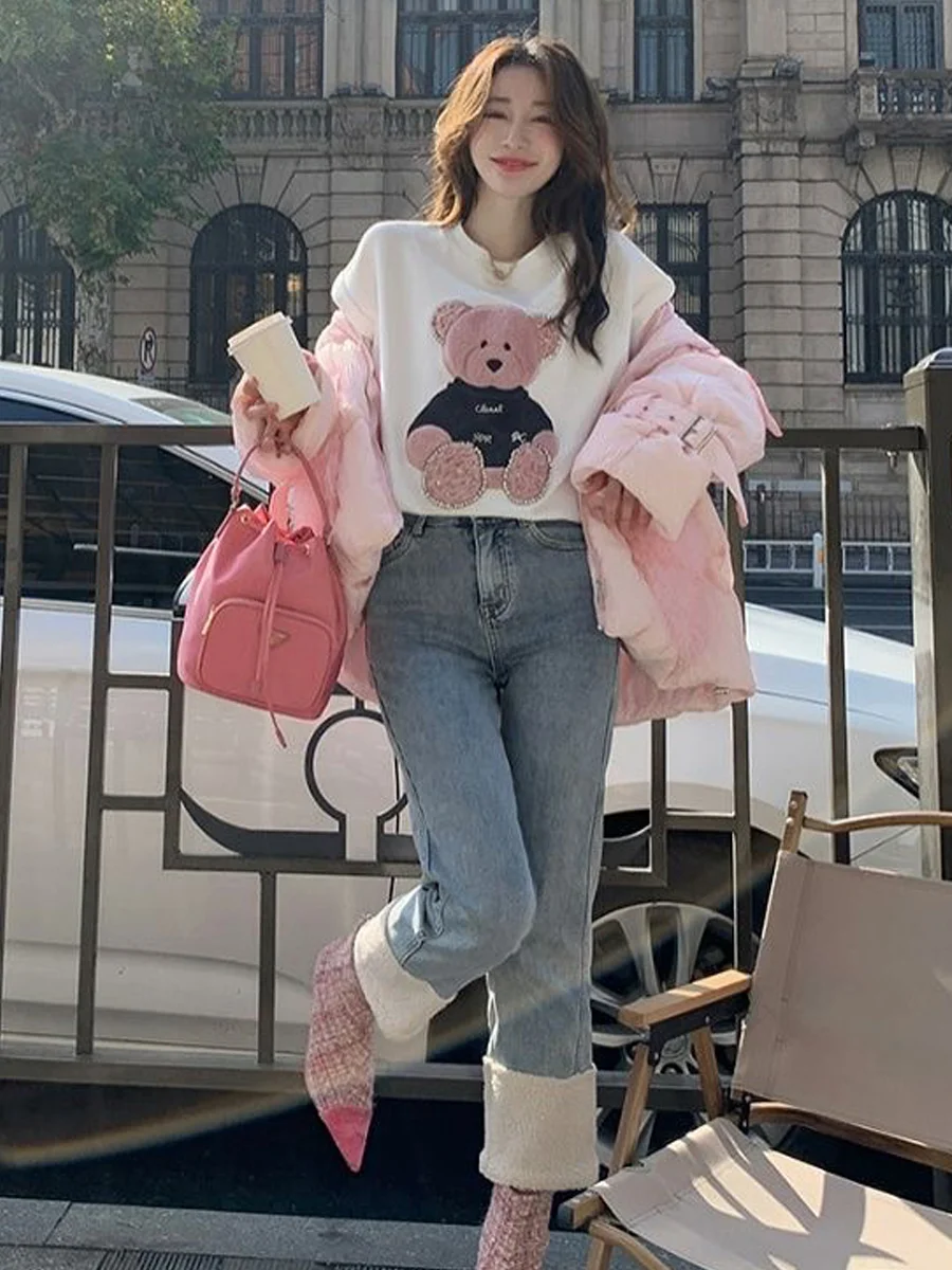 High Waist Straight Leg Denim Jeans Women's Autumn New Style Light Blue Lamb Fur Splicing Nine Tube Pants Korean Version