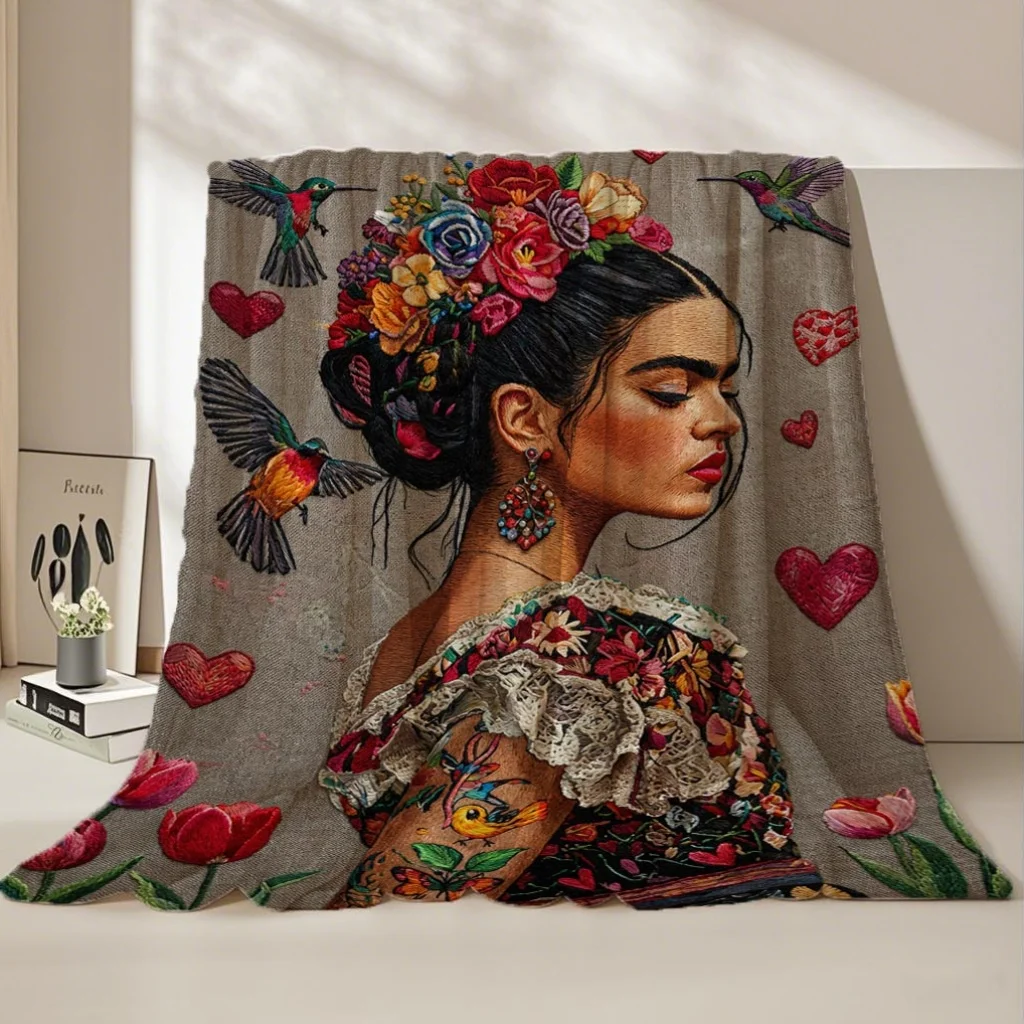 A Large, Fluffy Flannel Blanket Featuring a Tattoo Print of Mexican Women, Suitable for Beds And Sofas, Designed in a Modern Sty