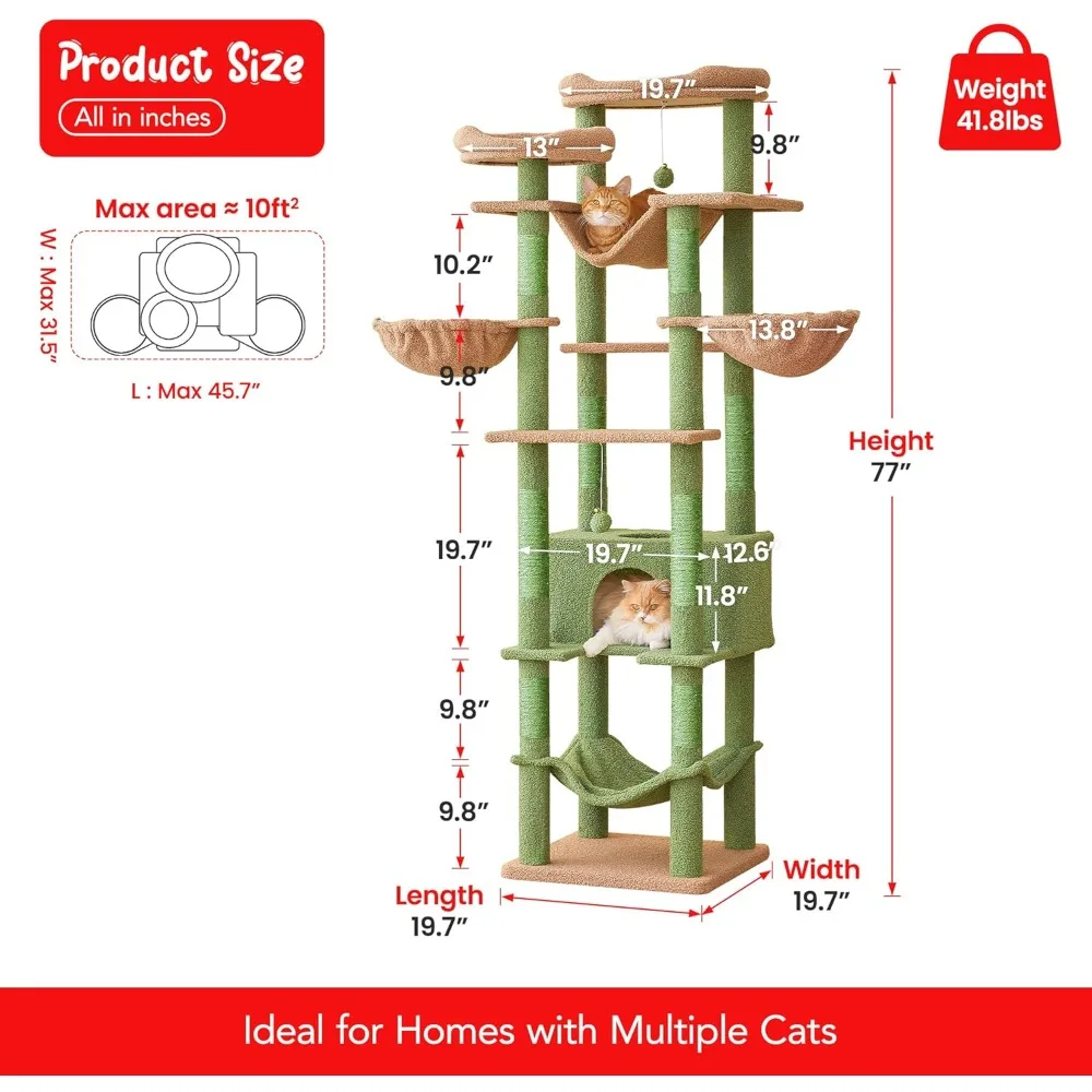 Cat Tree, Multi-Level Cat Tower with 4 Hammocks, 2 Padded Perches, Cat Condo, Sisal Scratching Posts and Hanging Toys