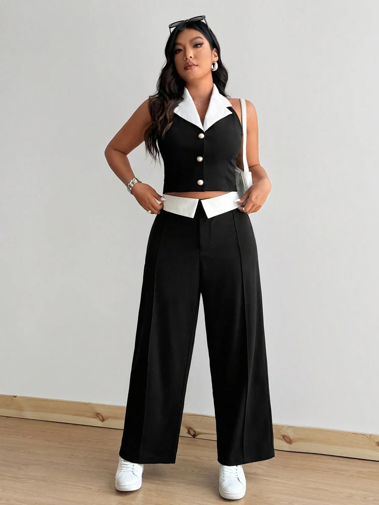 Grande taille col suspendu gilet pur désir épice fille tempérament mode noir et blanc couleur choc Sexy deux pièces ensemble