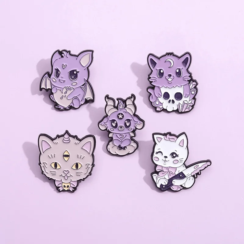 Cute magical animal enamel pin Purple bat cat goat style brooch Bag hat lapel decorative badge Halloween gift. Jewelry wholesale