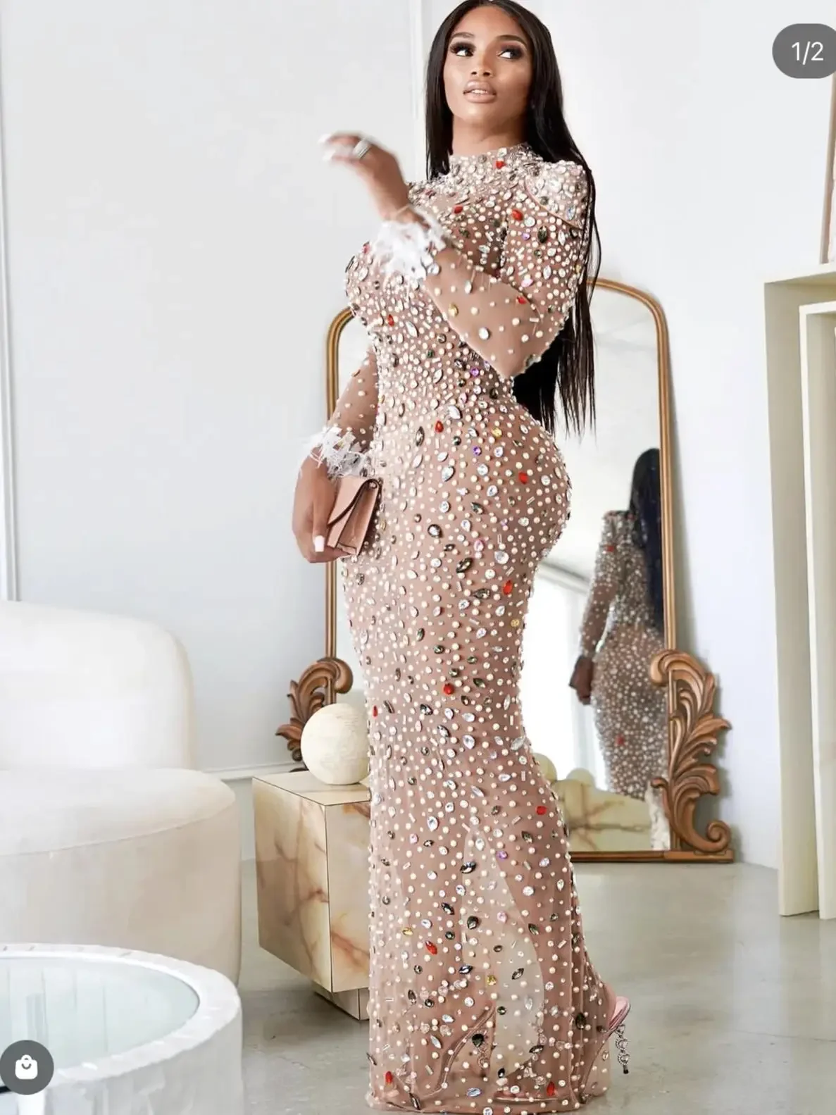 Stretch Sexy Long Sleeve Feather Rhinstone Maxi Long Celebrity Birthday Party Stage Performance Dress Women Luxury Prom Gown