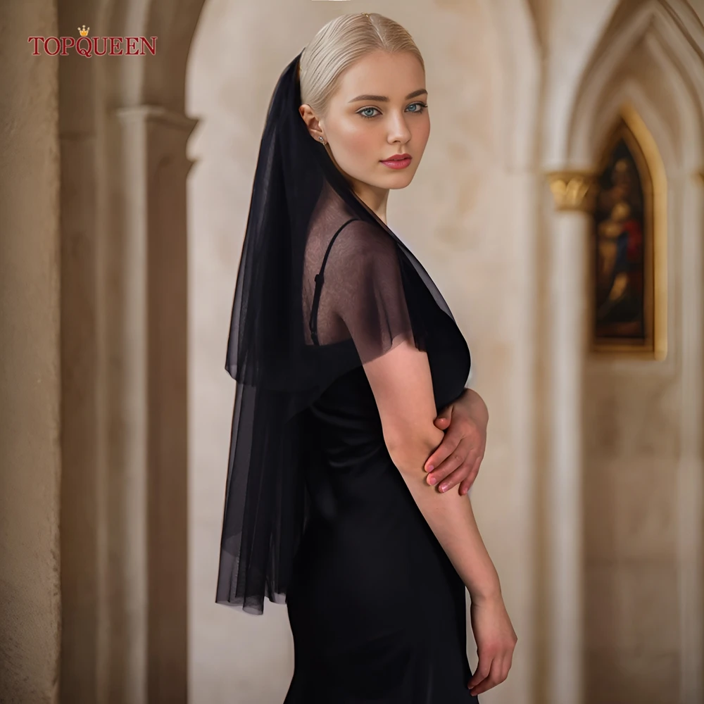 

Свадебная фата TOPQUEEN, простая, короткая, черная, двухслойная, из мягкого тюля, свадебные аксессуары, Complementos De Boda V215, с гребнем