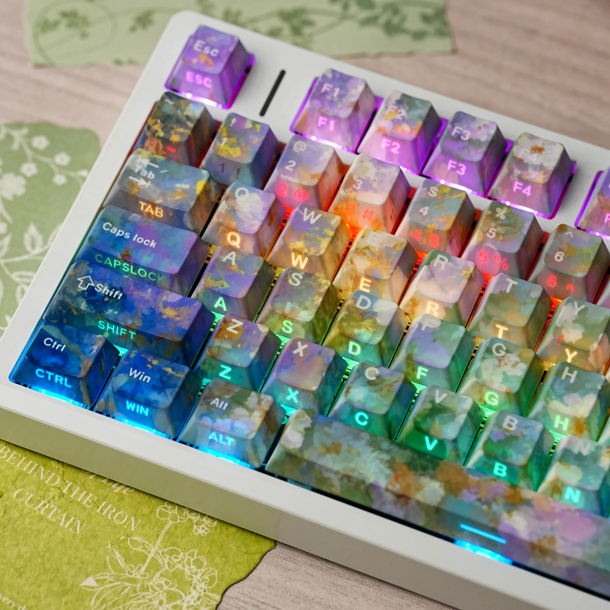 Mist Petal Keycaps Cherry Profile Dye-Sub Double Print 131 Keys Hebrew DE FR KR RU ES Compatible For Mechanical Keyboard ISO