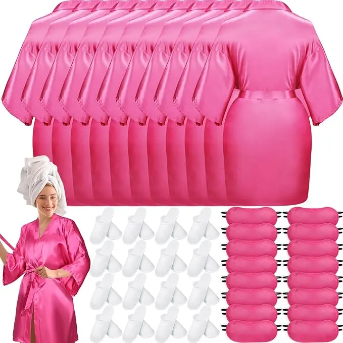 Bata de Spa de 54 Uds., suministros para fiestas, batas de satén para damas de honor, incluye 18 batas tipo kimono, rosa, 18 zapatillas blancas para Spa de Hotel, 18 ojos