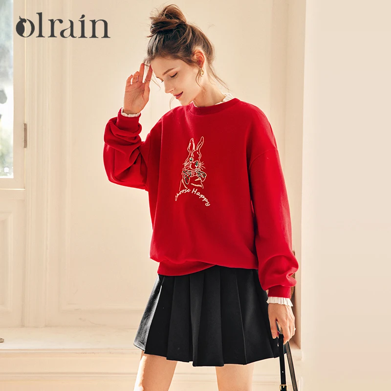 OLrain Women's Fleece Lined Sweatshirt 2026 Autumn O-Neck Embroidery Drop Sleeves Loose Pullover Casual Streetwear O22DR66000