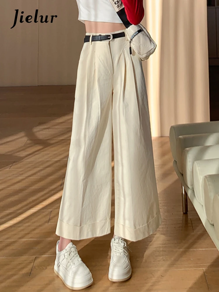 Jielur Summer New Loose Vintage Belt Women Pants Office Lady Casual Solid Color Zipper Pockets Chic Cuffs Female Wide Leg Pants