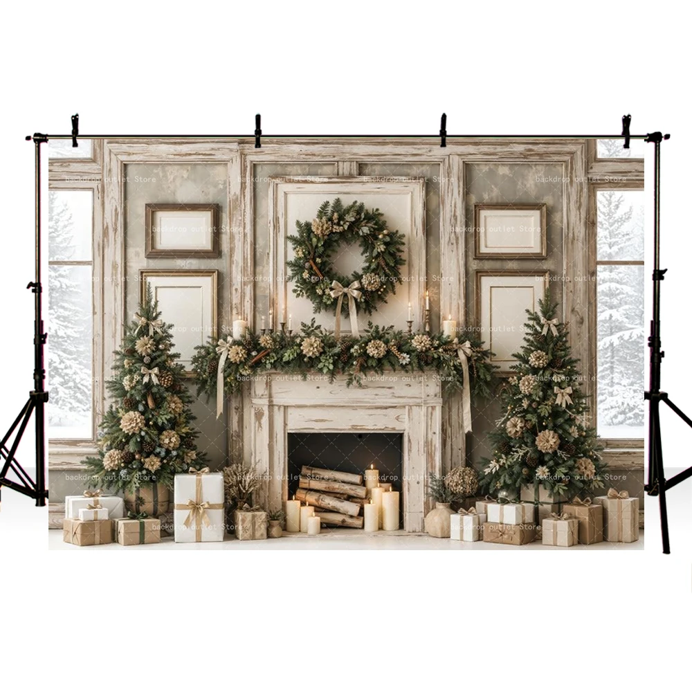 Mehofond Retro Grey Green Tone Christmas Photography Xmas Tree Gift Snow Scene Kid's Birthday Family Portrait Photo Background