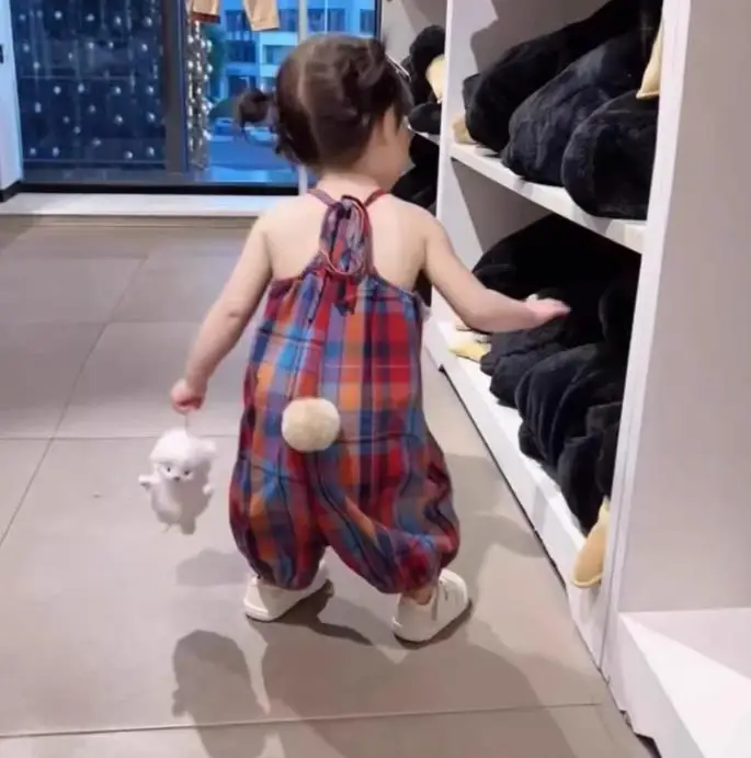 2026 Baby Girls Summer Pants Cute Pom-Pom Tail Plaid Overalls Pants Onesies Fashion Kids Children Casual Wear Clothes Trousers