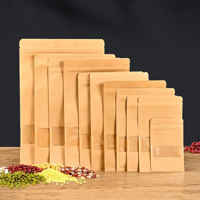 50PCS Flat Kraft Paper Clear Window Ziplock Packaging Bag DIY Cocoa Matcha Candy Snack Beaf Coffee Spice Gift Storage Pouches