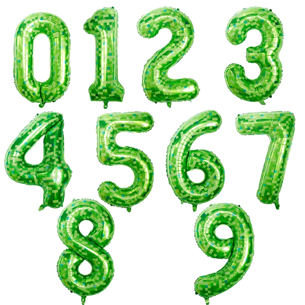 Globo de aluminio con números de mosaico verde de 40 pulgadas para niños, tema de juego, decoración de fiesta de cumpleaños, favores 0-9, suministros de globos digitales, regalo