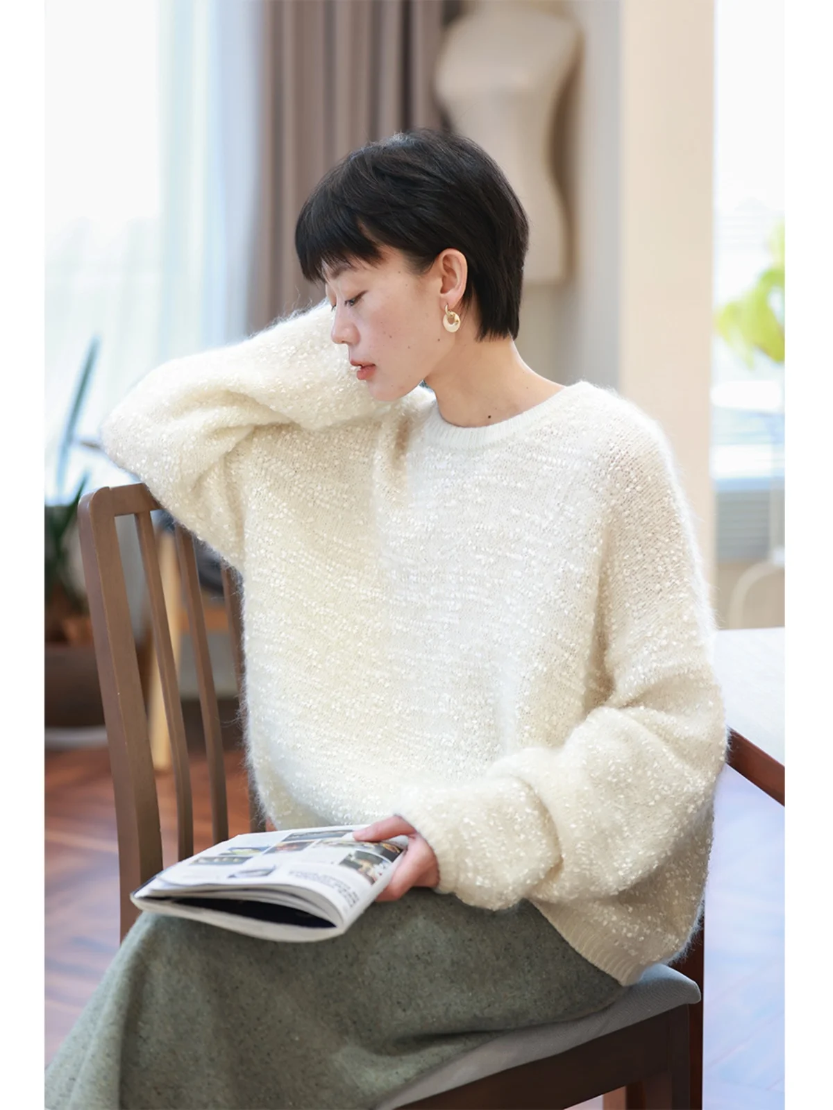 

Ladies' Knitted round Ne Sweater Silk Ribbon Weaving Loose Fit Autumn Winter New Sle Comfortable Warm Long Sve Top