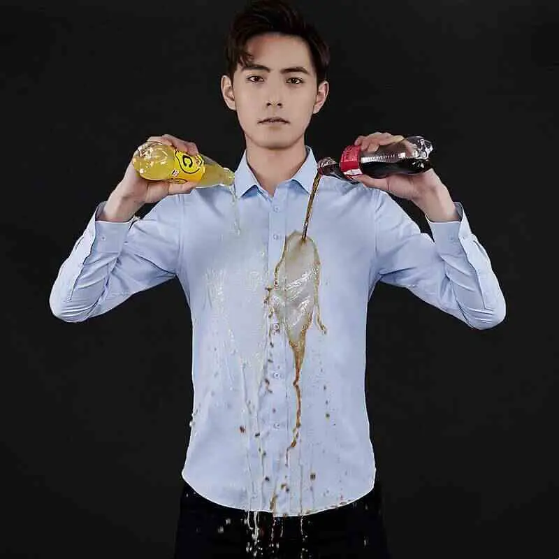 Longsved Mens Waterproof Antifouling Ironfree Shirt Ultra Slim Fit PU Leather Cleanfit Stand Collar Inner Wear Pure Color