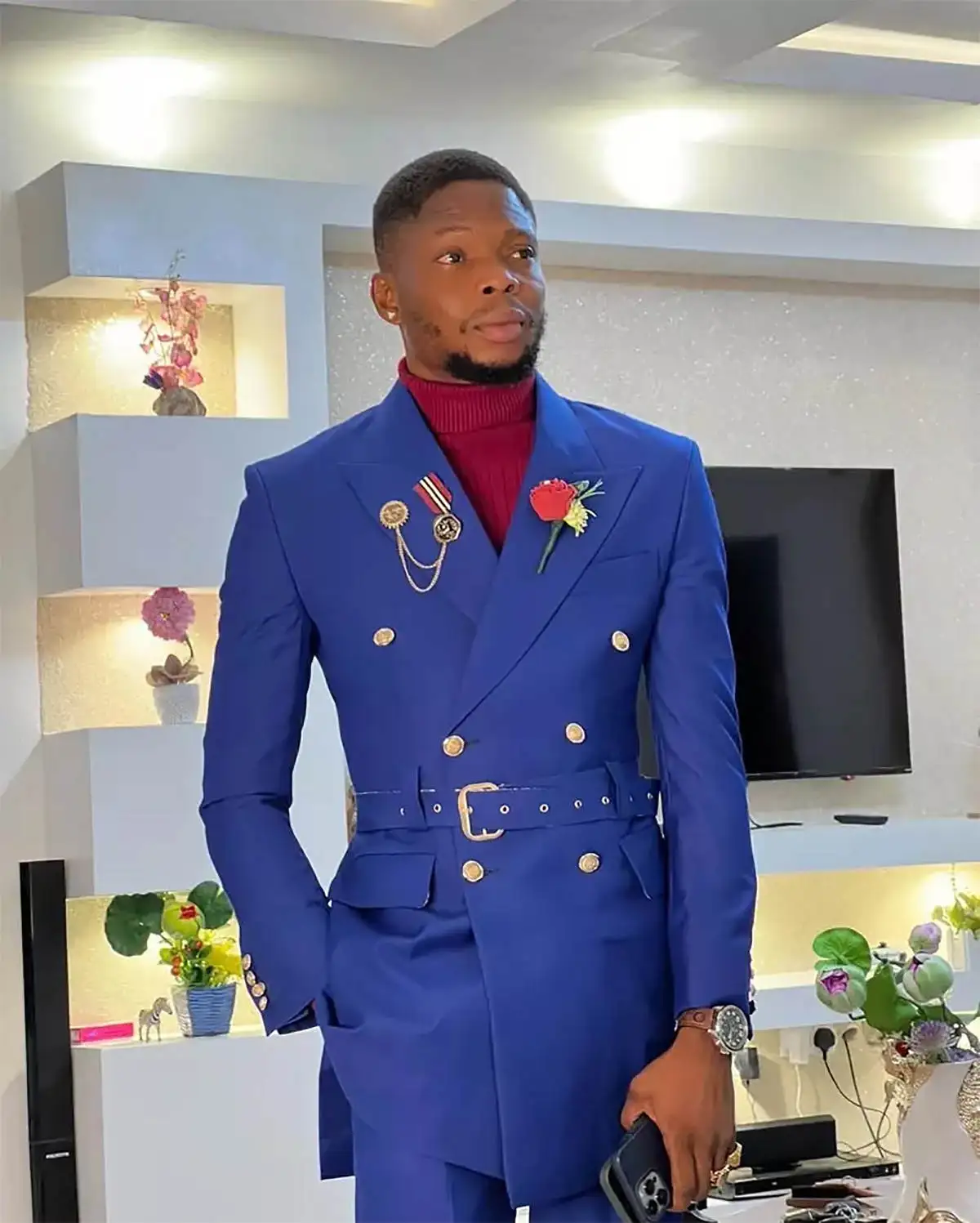 Formal Navy Wedding Tuxedos 2 Piece Set Jacket Pants Peaked Lapel Men Suit Double Breasted Groom Wear Party Suits Customized