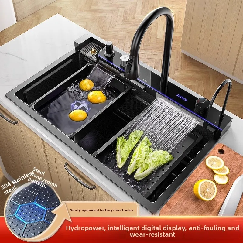 

304 Stainless Steel Rainfall Splashproof Kitchen Sink Large Single Bowl Digital Display Multi Function Wash Basin Kitchen Sink