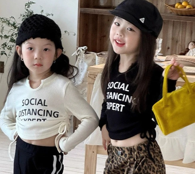 

New Korean Letter Drawstring T-shirt for Girls Spring Autumn Children Knitted Pit Stripe Short Base Shirt 2025 New