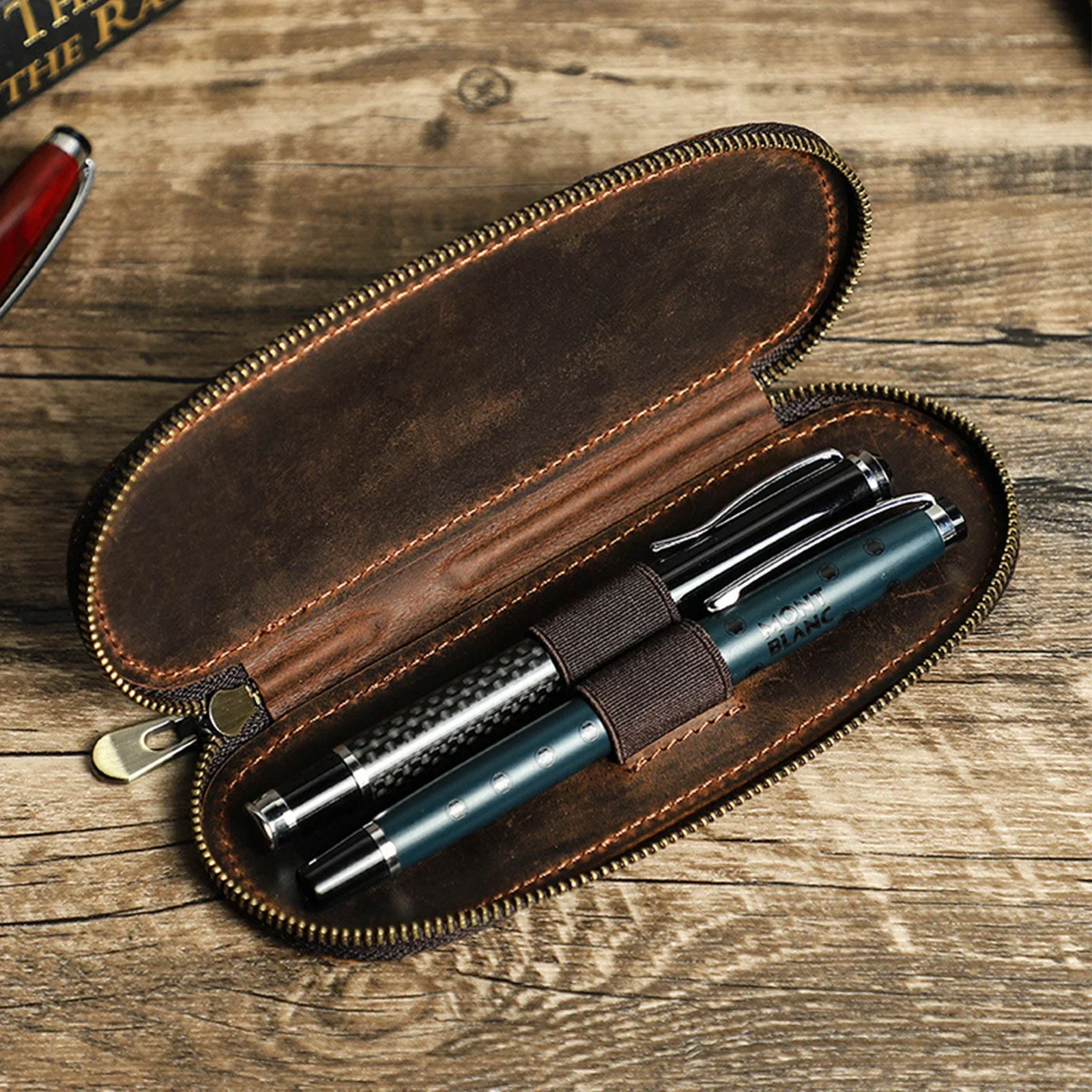 Retro Genuine Leather Pencil Case Luxury 2 Slots Fountain Pen Case Zipper Pencil Storage Box Pouch pen collection bag stationery