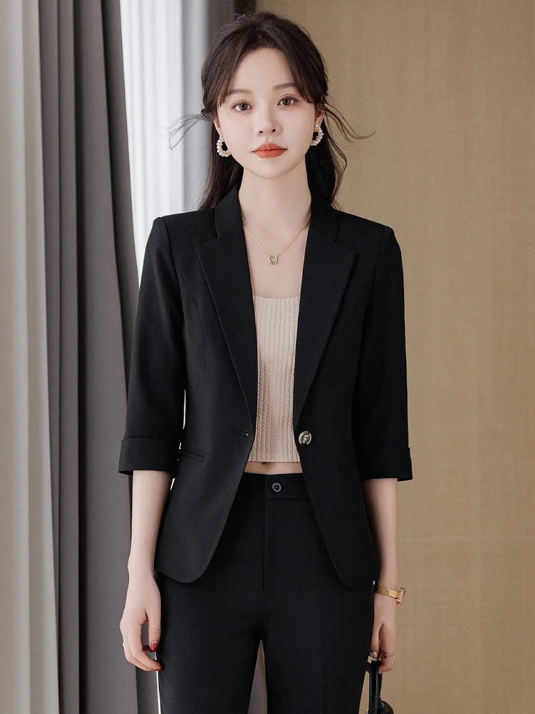 

Women's Summer Thin Profional Suit Set f Sve Office Work orm Ele Lady Sle Career Formal Small Size
