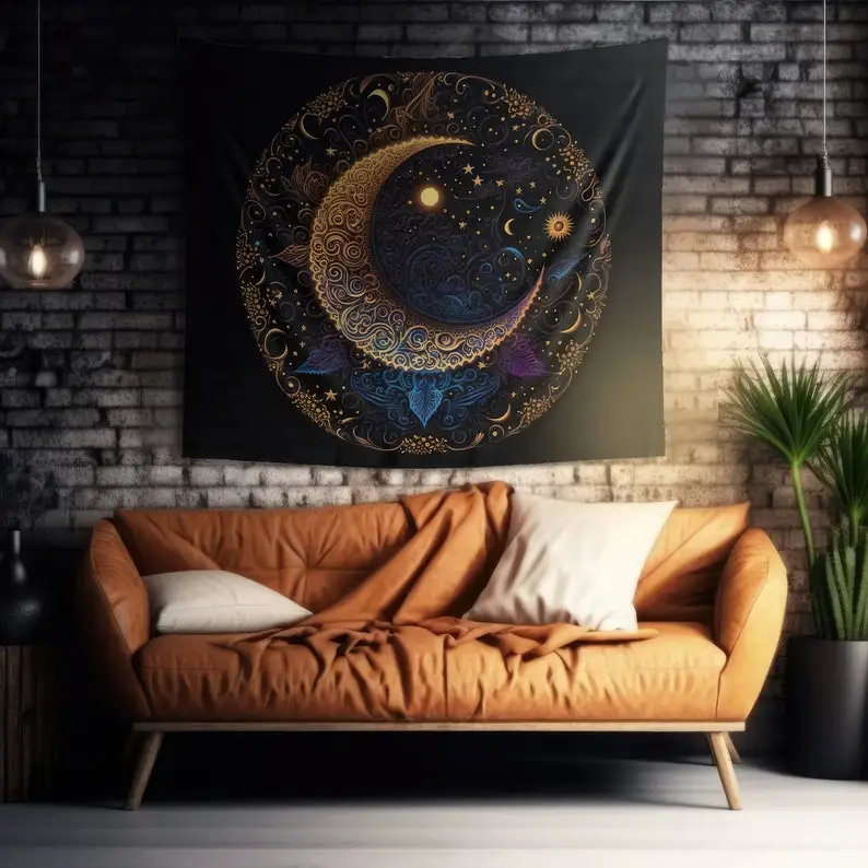 Crescent Moon Electric Mandala Wall Tapestry - Neon Style Illustration All Over Print Home Decor