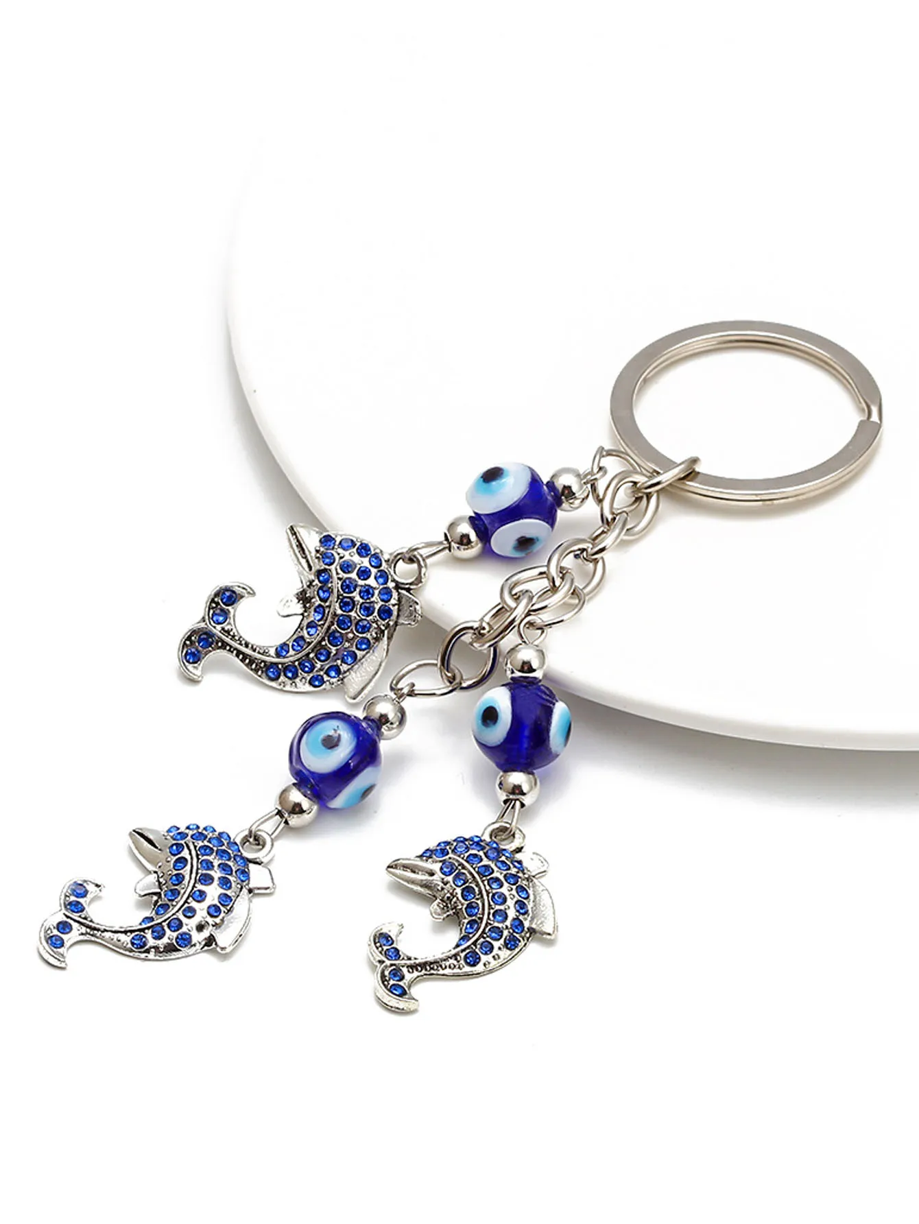 Lucky Eye Alloy Dolphin Keychain Blue Turkish Evil Evil Eye Bead Key Chain Holder Bag Car Keyring llavero porte clé מחזיק מפתחות