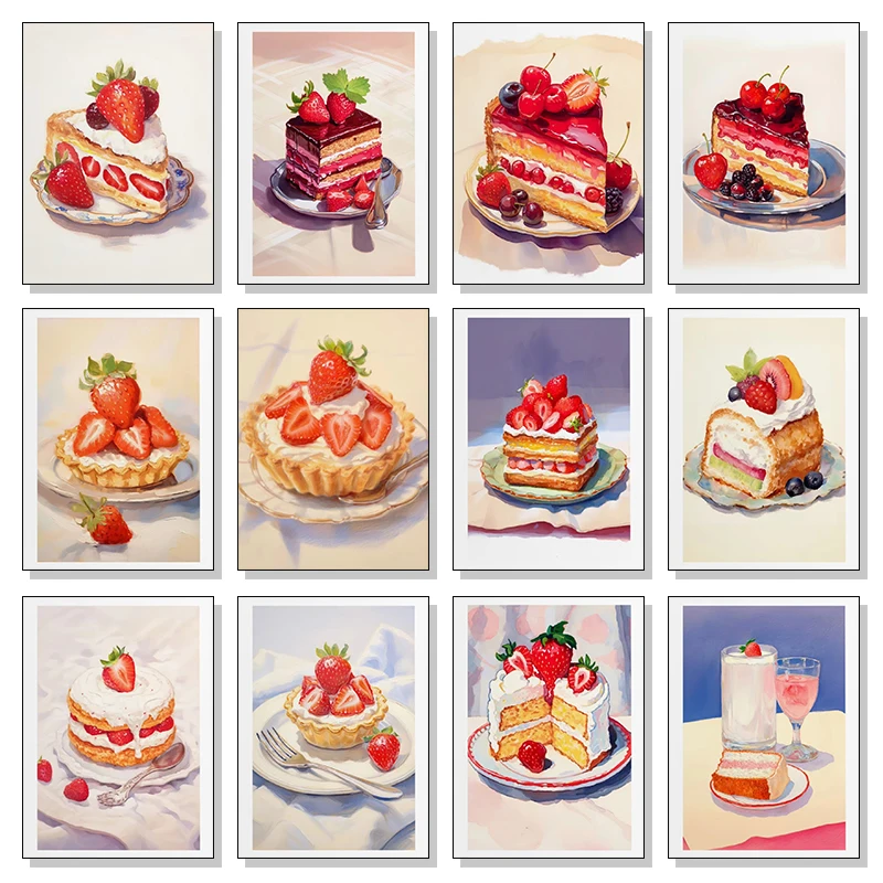 Póster Impreso de Acuarela con Diseño de Postres, Pasteles, Cupcakes, Pastel de Frutas y Tartaletas de Fresa, Cuadros Decorativos para Pared, Impresiones en Lienzo para Habitación y Hogar