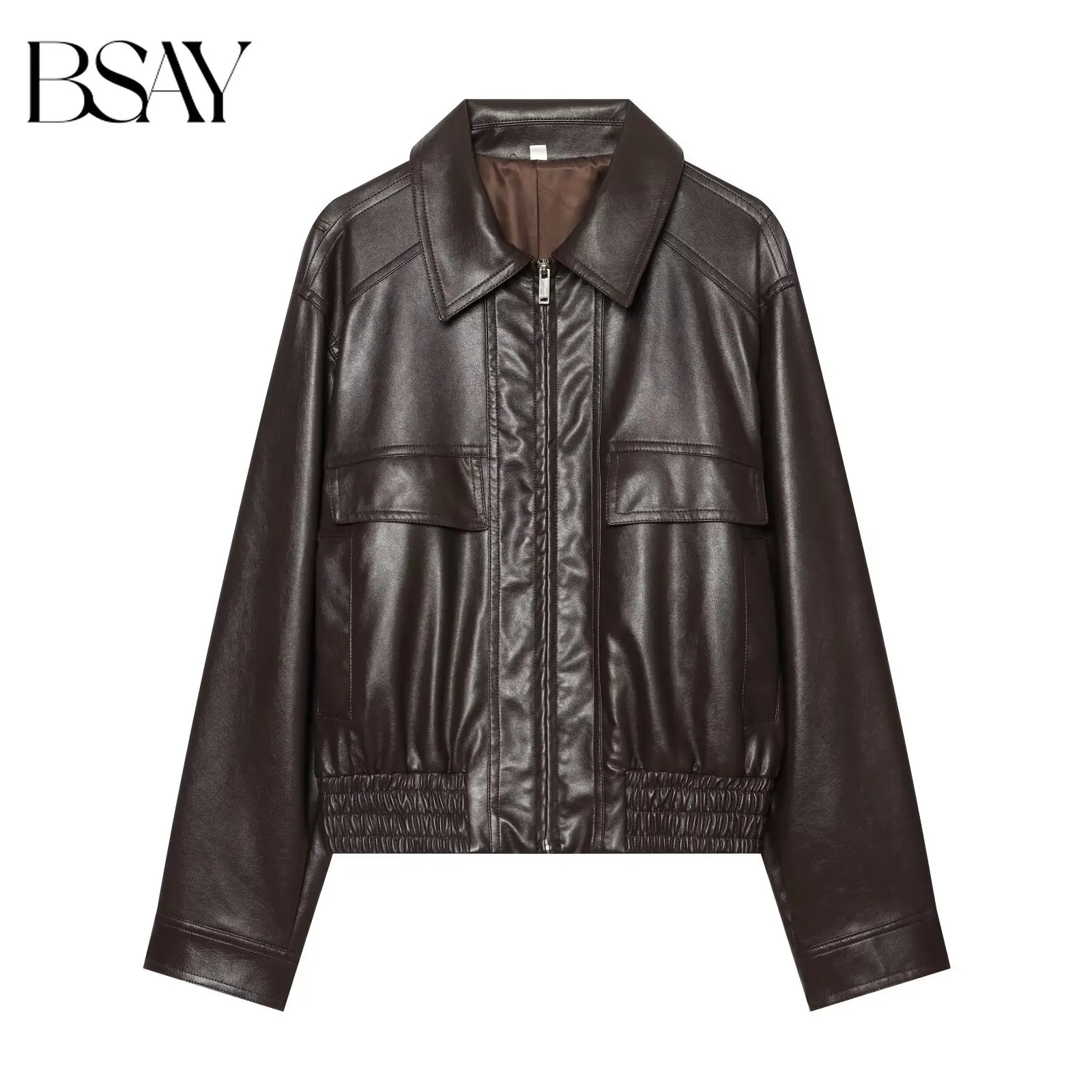 BSAY Autumn Versatile  Women Fashion Lapel Full Zip Faux Leather Jacket Elastic Ruched Hem Long Sleeve Vintage Biker Outerwear