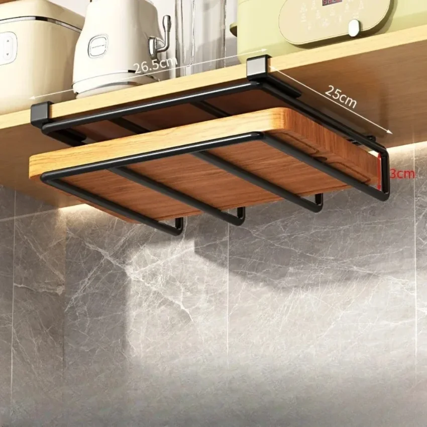 

Kitchen Hanging Organizer Rack with Hooks Under Cupboard Paper Towel Rags Hanger Cutting Board Pot Cover Holder Storage Shelf
