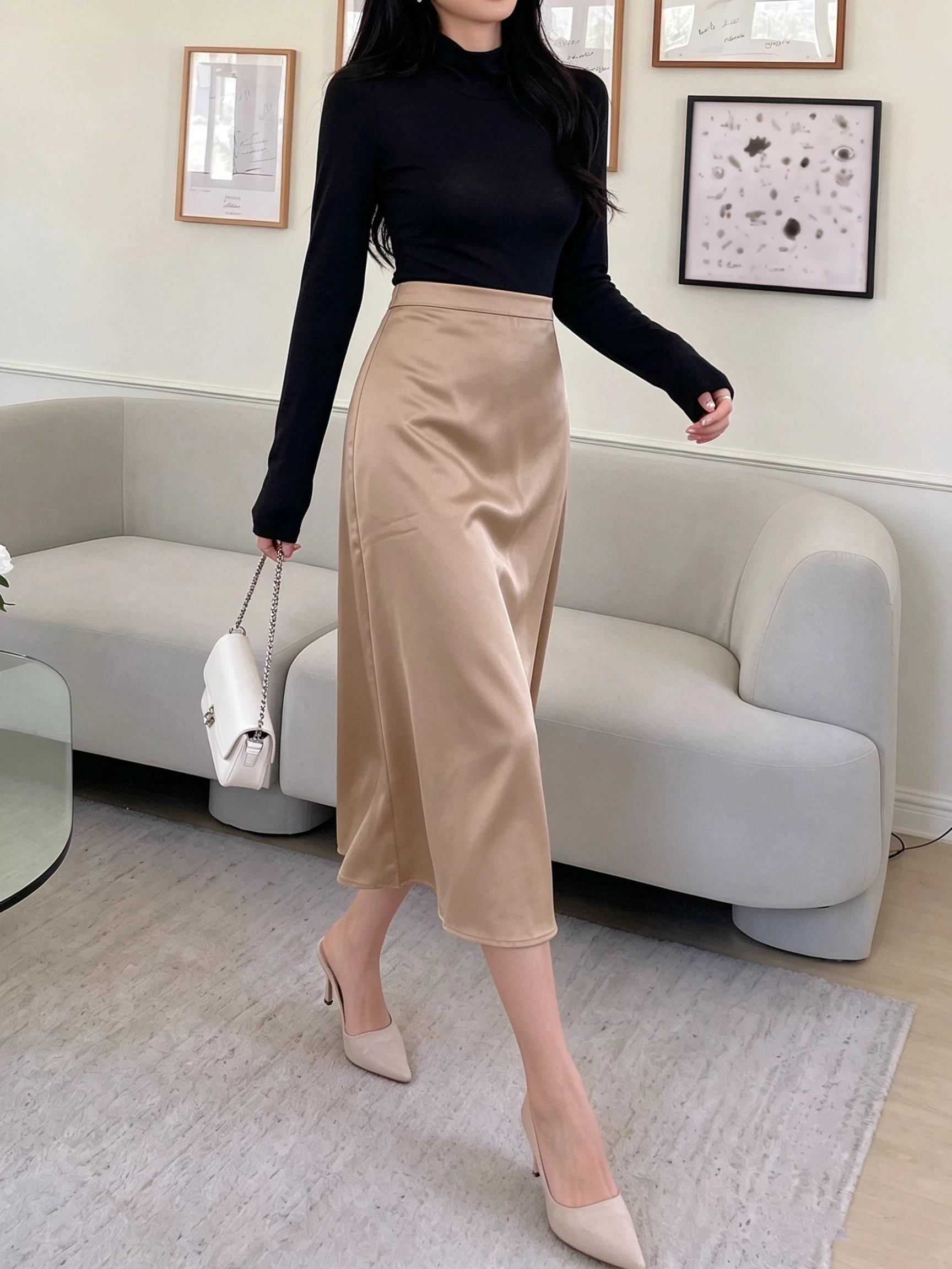 Women Elegant Satin Midi Skirt High Waist Solid Color Skirt Office Business Casual Party Ladies Chic Mid‑Calf Skirts Daily Wear