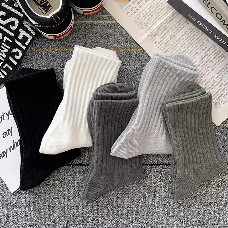 Soft Cotton Socks Men Women Solid Black White Breathable High Quality Sport Socks Spring Summer Male\'s Business Mid-tube Sock