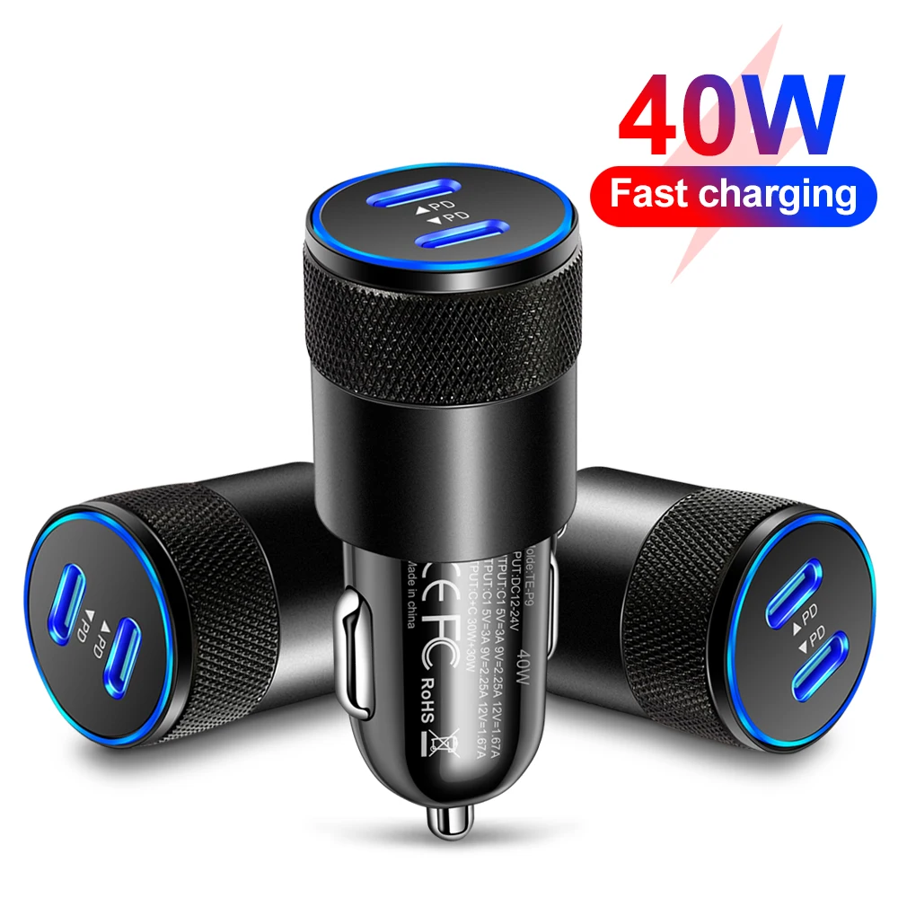 40W Dual PD Car Charger Adapter Fast Charging Type USB C Quick Charger in Car Mobile Phone for iPhone15 Pro Max Xiaomi 14 Huawei