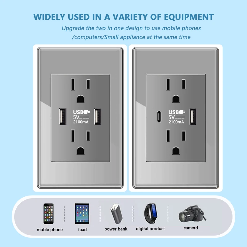 American Standard Grey Tempered Glass Usb Type-c Power Outlet,US Mexico Thai Double USB Socket Plug Wall 2way Light Switch Panel