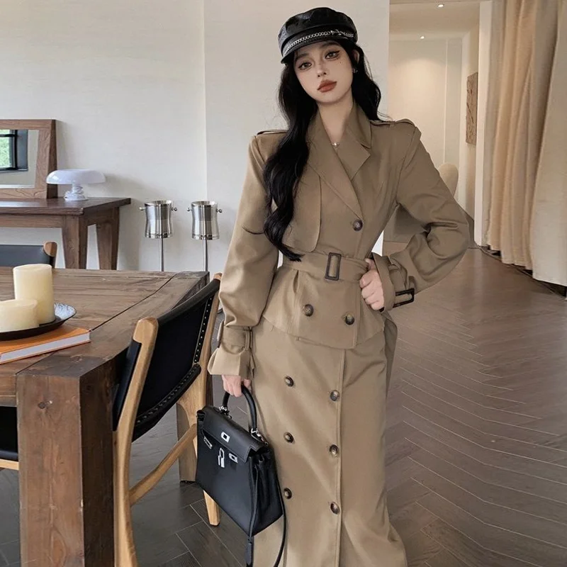 2024 Autumn Skirt Suits Fashion Double Breasted Short Style Lapel Windbreaker + High Waisted Skirt High-end Two-piece Set