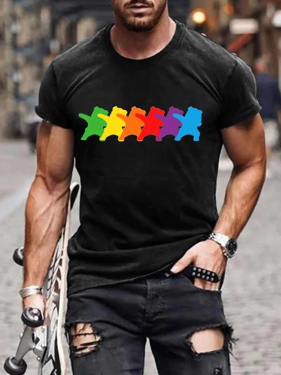 

2023 Summer Men's Printed Casual Crew Neck Short Sleeve T-Shirt Men's Rainbow Go-Go Bear Funny Tee 3D Printed T Shirt