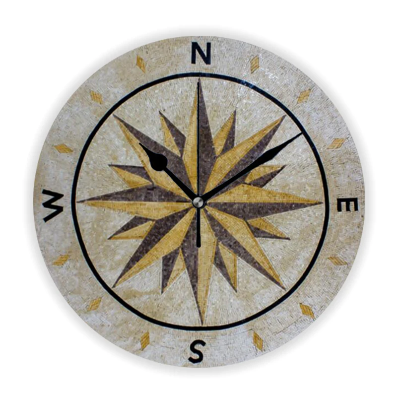 Grunge Nautical Star Compass on Stone Print Wall Clock Vintage Marine Ocean Ship Compass Directionn Wall Watch Home Decor Gift