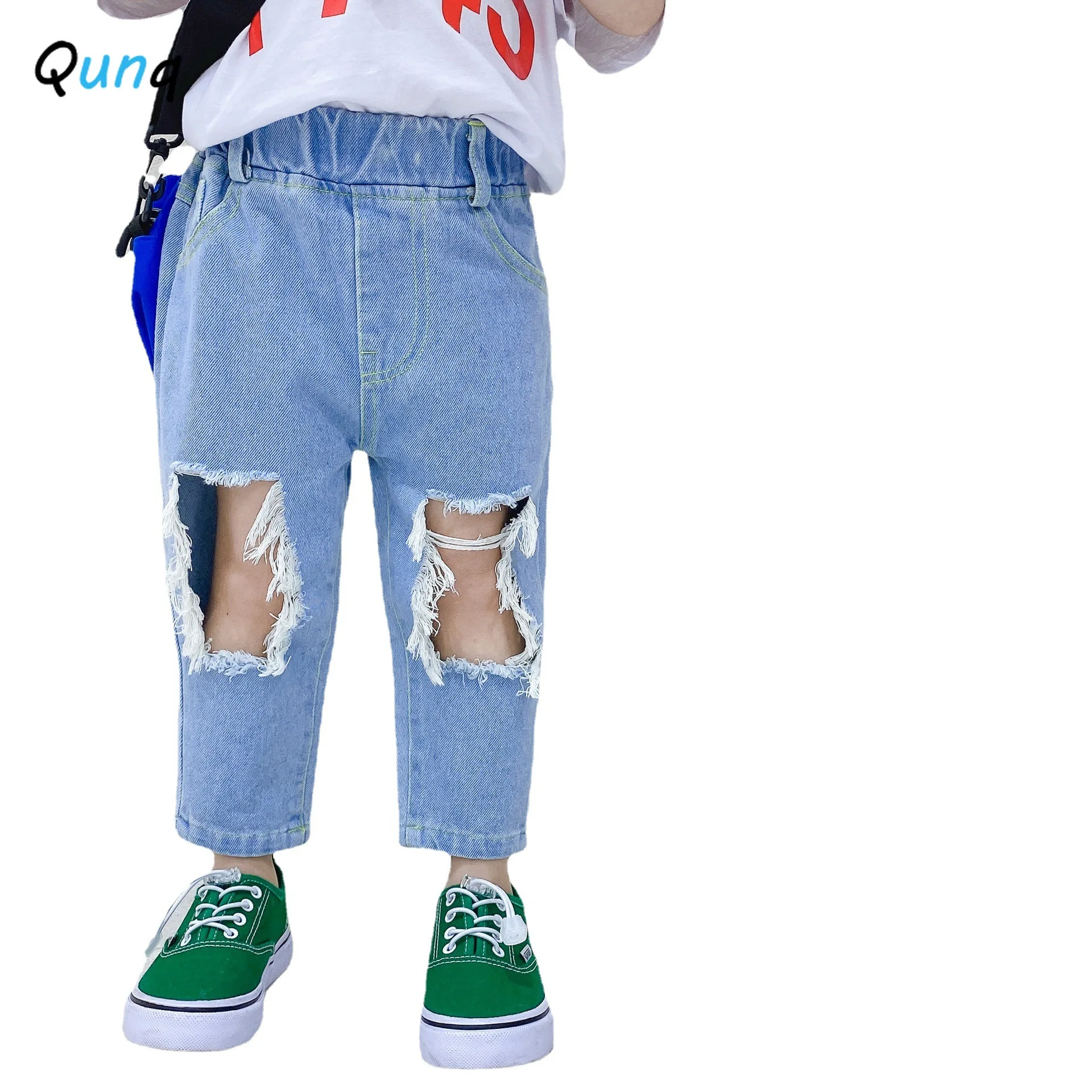 Qunq Han Edition Fashion Streets Broken Hole Unisex Children Jeans 2022 Summer Elastic Waist Straight Kids Pant for Trousers