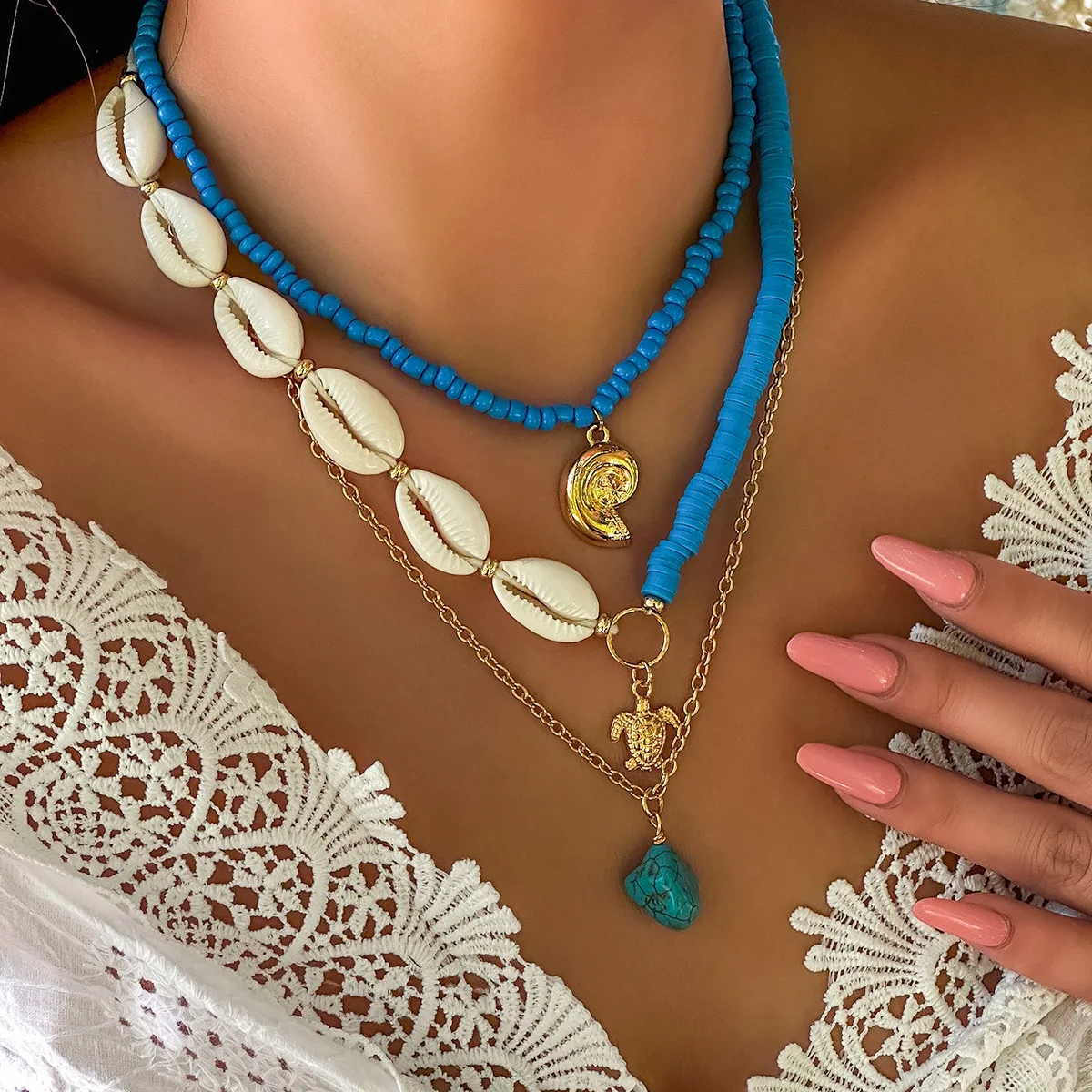 Multilayer Personality Blue Irregular Natural Stone Pendant Sea Turtles Necklace Small Conch Beads Handmade Wove Choker Jewelry