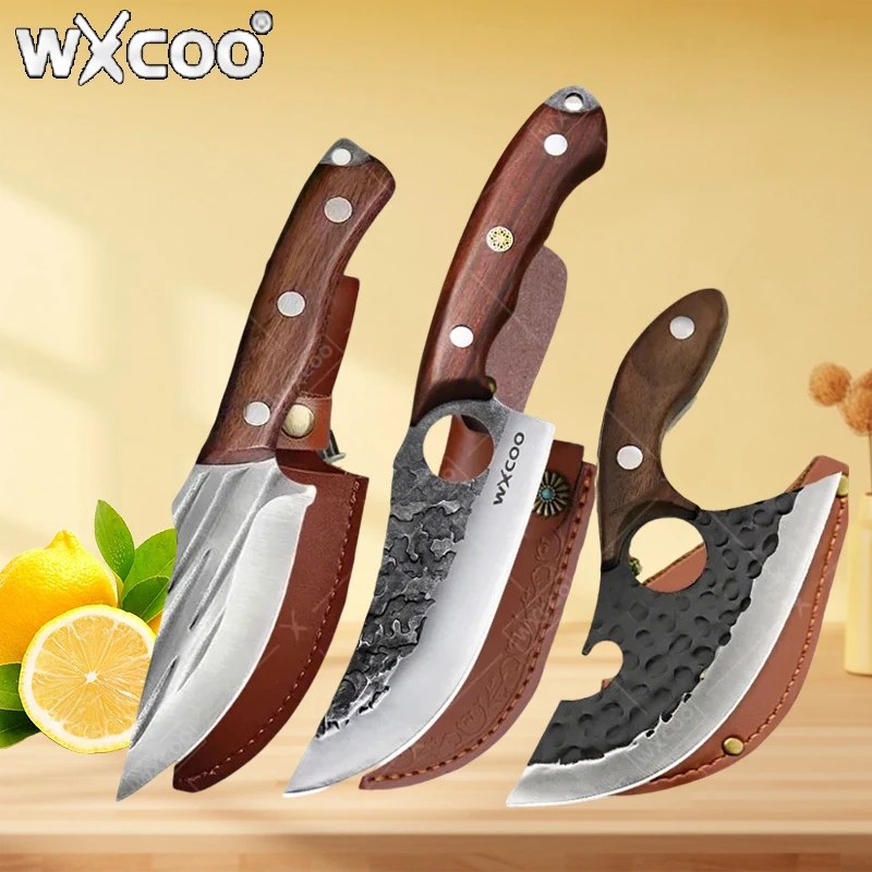 WXCOO Hand-Forged Butcher Knives Sharp BBQ Kitchen Chef Knife Multipurpose Bottle Opener Forged Utility Knife Fruit Cutter