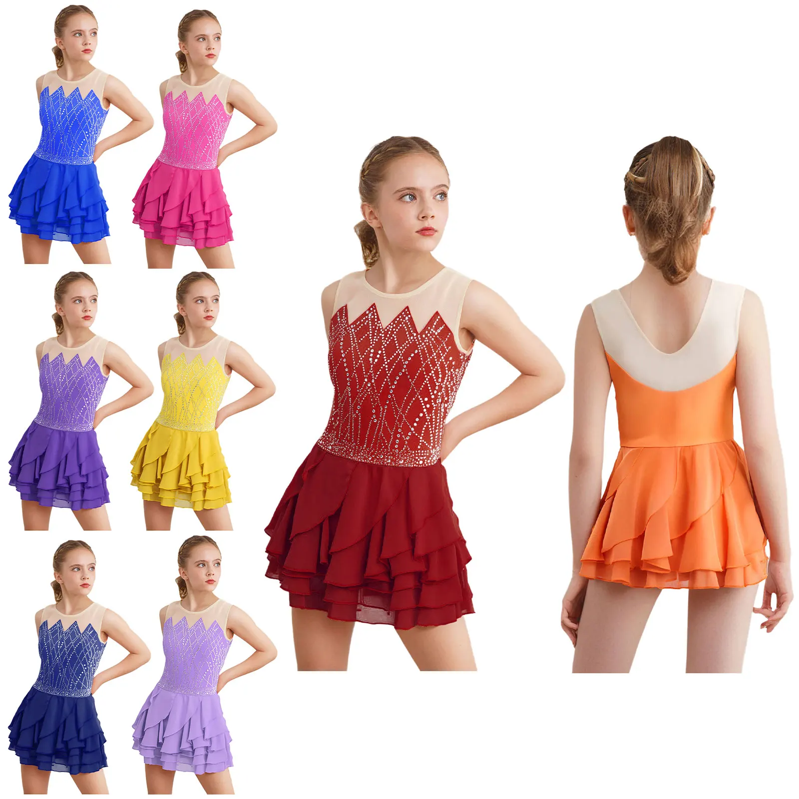 

Kids Girls Figure Skating Dance Dress Costume Round Neck Sleeveless Shiny Rhinestones Tiered Ruffled Dress Performance Dancewear