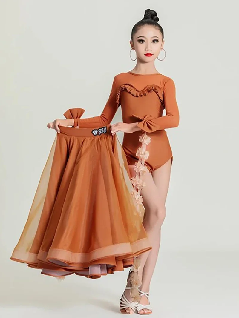 Kids Girls Modern Dress Mesh Waltz Social Dance Lace Long Sleeve Bodysuit and Mesh Large Skirt Dancewear Ballroom Costumes