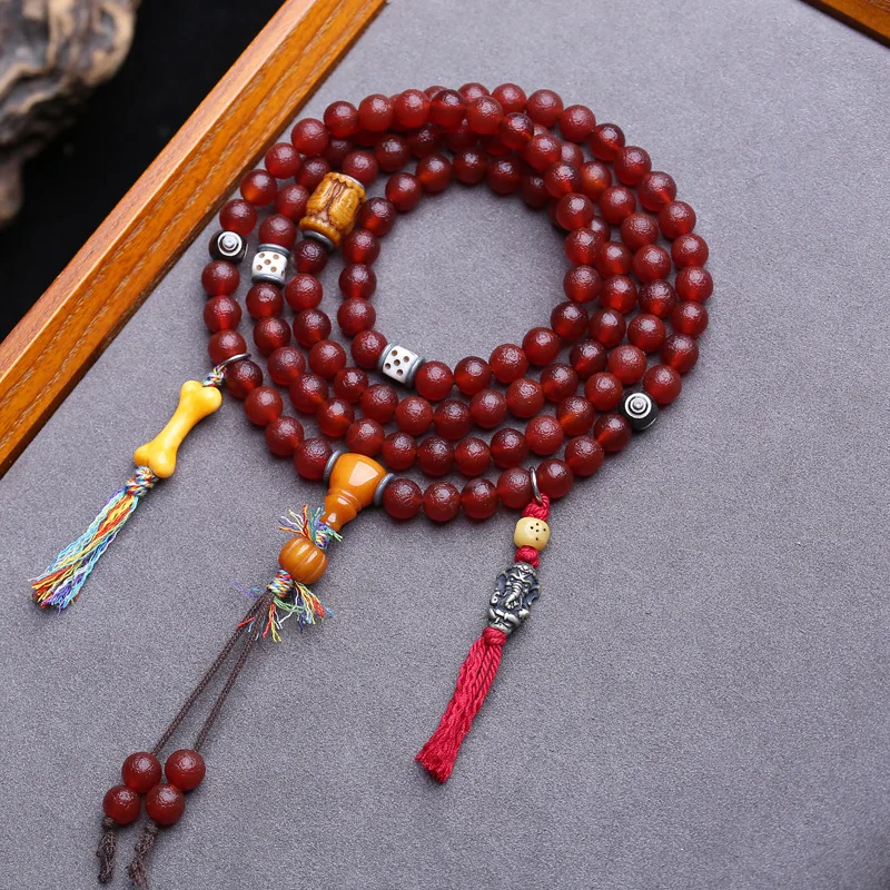 Natural South Red Agate 108-Bead Buddhist Prayer Beads Sweater Chain Tassel Yak Bone Side Pendant Three-Way Four-Sided Buddha Ac