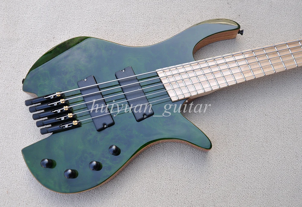 Flyoung 5 Strings Green Headless Active Electric Bass Guitar with Maple Fretboard Slanted 24 Frets Strings Distance 19 mm
