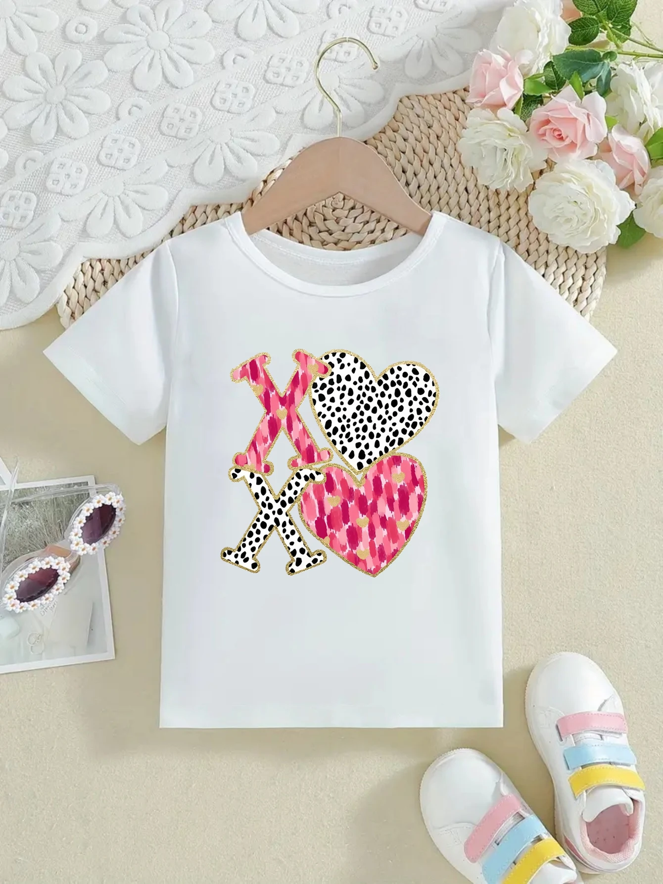 

Leopard Xoxo Hearts Printed T Shirt Girls Valentine'S Day Gift T-Shirt Kawaii Kids Clothes Funny Summer Short Sleeve Shirt