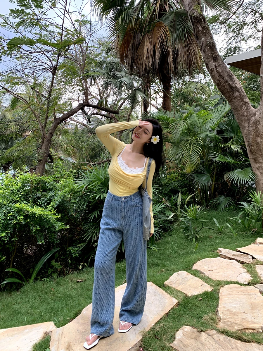 

Джинсы Waed свободного прямого кроя для женщин, с высокой талией, текстурированные, от Cherry Brand, джинсовые брюки, весенне-осенний сезон, длинные брюки