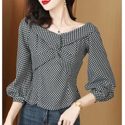 Blusa de manga farol a cuadros con pliegues y cuello en V para mujer, ropa de primavera y verano, Tops coreanos holgados para oficina, 2024