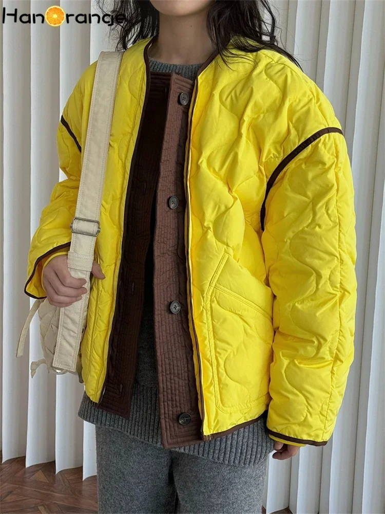 HanOrange 2024 Winter Fashion Contrasting Jacket Women 90% Duck Down Warm Comfortable Cotton-Padded Jacket Yellow/Smog Blue