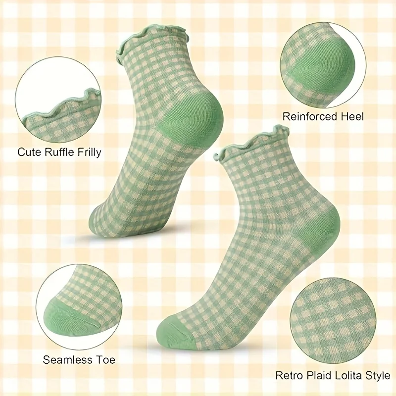6 Pairs Vintage Plaid Lace Mid Tube Socks Ins Girl's Fungus Edge Colorful Cute Short Socks