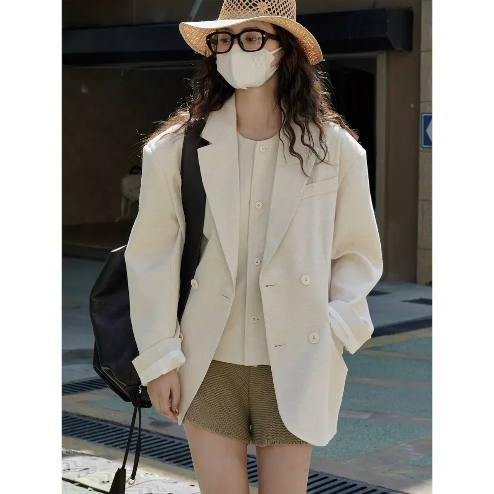 

Spring Linen Suit Casual Blazers Women Loose Jackets Retro Fashion Commuting Retro Lapel Comfortable Breathable Office Lady Coat