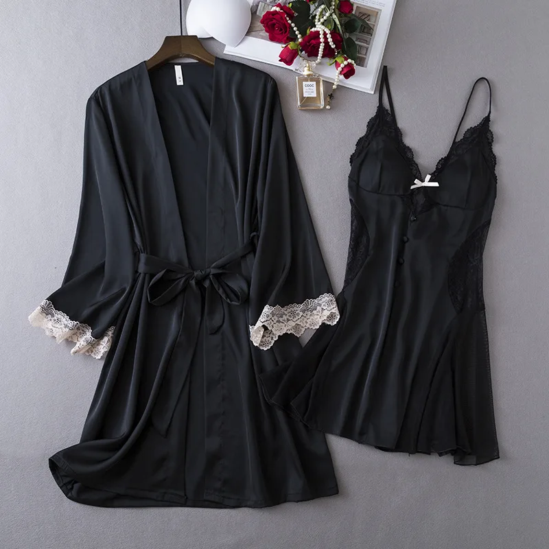 Summer Satin Kimono Bathrobe Gown 2PCS Sleep Set Bride Wedding Robe Suit Lingerie Women Lace Nightdress Sleepwear HomeWear